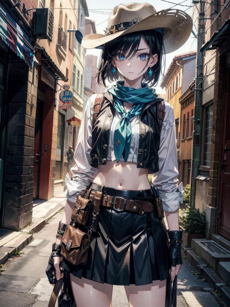 cowgirl costume, vest, cowboy hat, fingerless gloves, midriff, neckerchief, short skirt, holster, whole body shot, absurdres, RAW photo, extremely delicate, extremely beautiful, masterpiece, Best Quality, ultra high resolution, 32k, hyperrealistic, ultra-detailed description, perfect anatomy, correct body, ideal ratio of body proportions, colorful image, pale skin, 20 years old, detailed beautiful face, detailed beautiful face eyes, tearful mole, earring, short medium hair, black hair, medium tits,