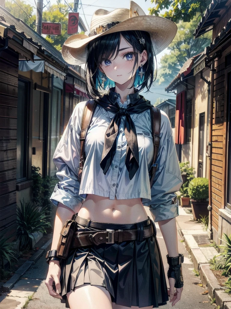 cowgirl costume, vest, cowboy hat, fingerless gloves, midriff, neckerchief, short skirt, holster, whole body shot, absurdres, RAW photo, extremely delicate, extremely beautiful, masterpiece, Best Quality, ultra high resolution, 32k, hyperrealistic, ultra-detailed description, perfect anatomy, correct body, ideal ratio of body proportions, colorful image, pale skin, 20 years old, detailed beautiful face, detailed beautiful face eyes, tearful mole, earring, short medium hair, black hair, medium tits,