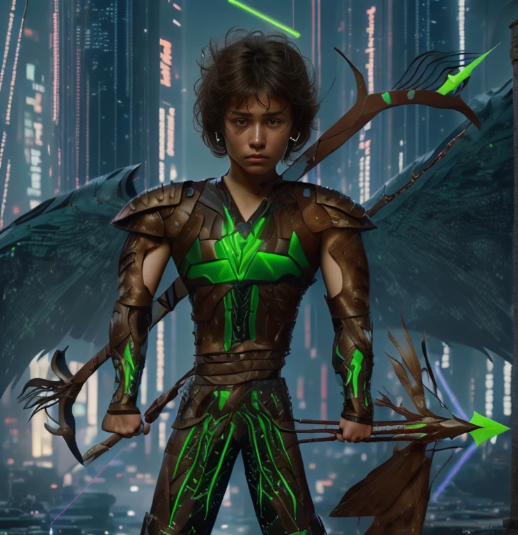 (ultra realistic,32k, masterpiece:1.2, UHD),(high detailed skin:1.1),( high quality:1.1), 1 boy, brown short raw cut hairs, brown eyes, green techno fantasy armor, cyberpunk, techno fantasy bow with ((energy bow arch)),((energy arrows)), caucasian race, light decourations, 18 years old 