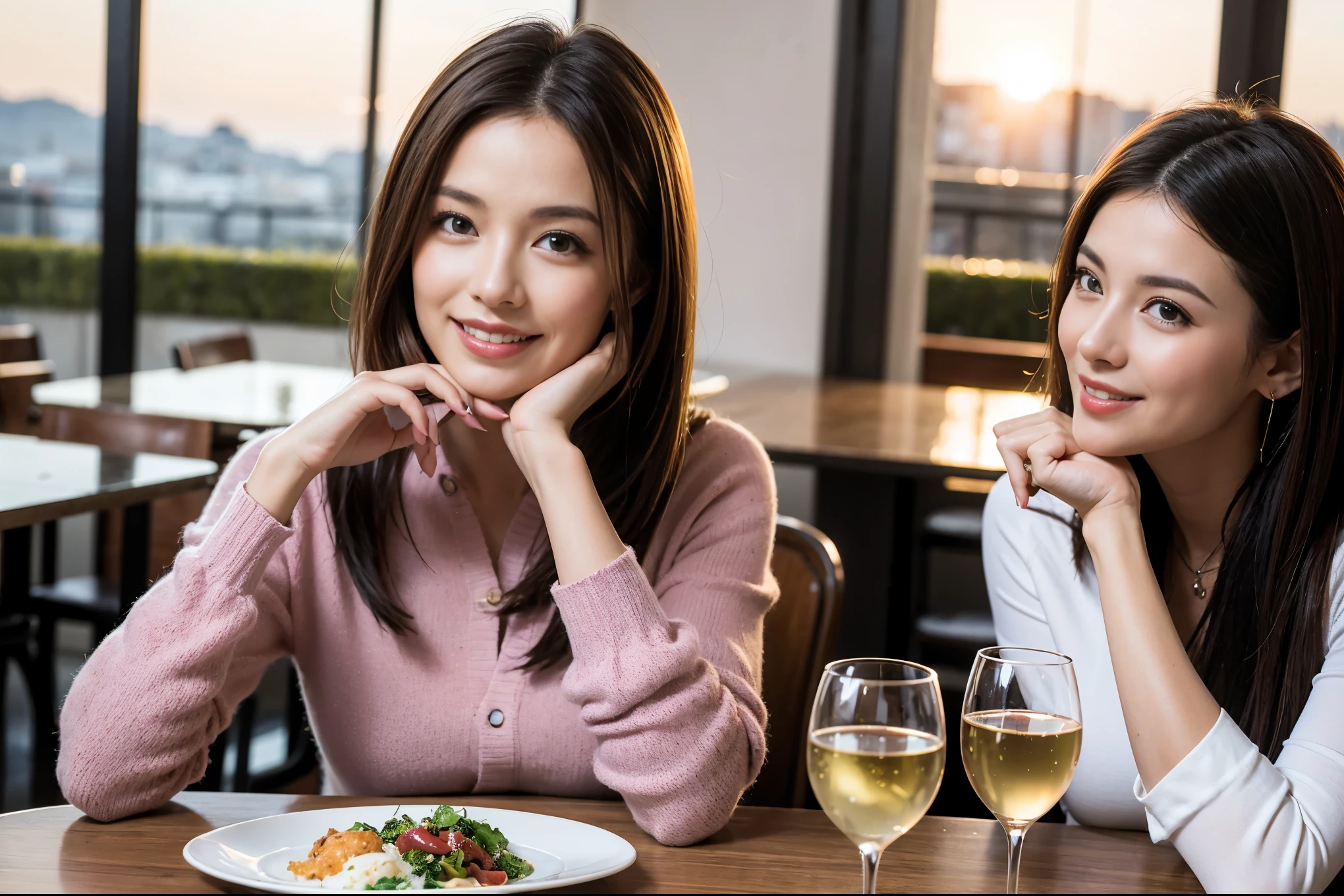 ((highest quality、8k、masterpiece:1.3))、beauty、1 male1 female、Couple、Spouse、half、The body is slim、((Bob Hale、Straight hair:1.2)), (Realistic, Intricate details:1.2), Fullcorse Dinner,Wine glass on the table、Shine light on your face、 Amazing view of the sunset sky and clouds、A bright smile、The wonderfulness of smile、Bright image、The beauty of wine, Beautiful Face, blue eyes, The light shines on your face, Blushing, short hair,Bright Face、 (Age 45), 48 years old, red wine 、Appetizers、Italian food、Wine bottle、Champagne、sparkling wine、Two beauties、Brown Hair、Shortcuts、Long sleeve shirt、dress、Pretty Woman 1, (Slim face), (The body is slim), (Brown Hair), (Shortcuts), cheeks turn a little red,Attractive beauty、restaurant, In a prominent place (From the waist up) Nova Frog Style, actress, model, Upper Body, White wine, slim, wine glass, A wine glass placed in the center, smile, (smile: 1.15), Beautiful fine grain, Depth f/2,saturation, High Contrast, Strong light and shadow,Moist Body:1.5、3D texture、Delicate eyes、Brown Hair、The hair is very shiny、