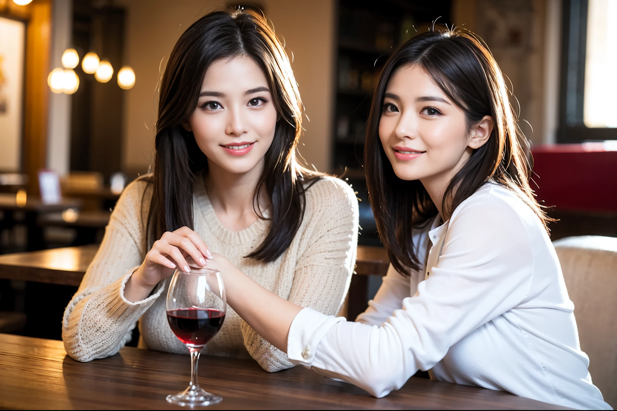 ((highest quality、8k、masterpiece:1.3))、beauty、1 male1 female、Couple、Spouse、half、The body is slim、((Bob Hale、Straight hair:1.2)), (Realistic, Intricate details:1.2), Fullcorse Dinner,Wine glass on the table、Shine light on your face、 Amazing view of the sunset sky and clouds、A bright smile、The wonderfulness of smile、Bright image、The beauty of wine, Beautiful Face, blue eyes, The light shines on your face, Blushing, short hair,Bright Face、 (Age 45), 48 years old, red wine 、Appetizers、Italian food、Wine bottle、Champagne、sparkling wine、Two beauties、Brown Hair、Shortcuts、Long sleeve shirt、dress、Pretty Woman 1, (Slim face), (The body is slim), (Brown Hair), (Shortcuts), cheeks turn a little red,Attractive beauty、restaurant, In a prominent place (From the waist up) Nova Frog Style, actress, model, Upper Body, White wine, slim, wine glass, A wine glass placed in the center, smile, (smile: 1.15), Beautiful fine grain, Depth f/2,saturation, High Contrast, Strong light and shadow,Moist Body:1.5、3D texture、Delicate eyes、Brown Hair、The hair is very shiny、