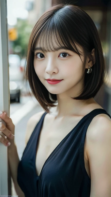 (8k, RAW Photos, highest quality, masterpiece:1.2), Super detailed, Super Resolution, (Realistic, Realistic Photo:1.37), Portraiture, High-definition RAW color photos, Professional photos, Very detailedで美Shii, Very detailed, 8k wallpaper, 素晴らShii、Detailed, Large file size, Official Art, highly detailed CG unity 8k wallpaper, 非常にDetailed美Shii女の子, 非常にDetailed顔, 非常にDetailed目, 非常にDetailed肌, 非常にDetailed指, 非常にDetailed鼻, 非常にDetailed口 , Perfect Anatomy, 非常にDetailed背景, Very fine clothing, One girl, (20:1.2), 20th Generation, cute girl, Realistic body, , Fair skin, Glowing Skin , The body is slim, Handsome body, Black Hair , short hair, (Blunt bangs:1.2), smile, cute, like々Shii, cute face, Realistic Face, Delicate eyes, Droopy eyes, lingerie, See through, Earrings, View Viewer, Cowboy Shot, Look forward, Standing posture, Opposition, Dynamic Lighting, Very large breasts, Cowboy Shot