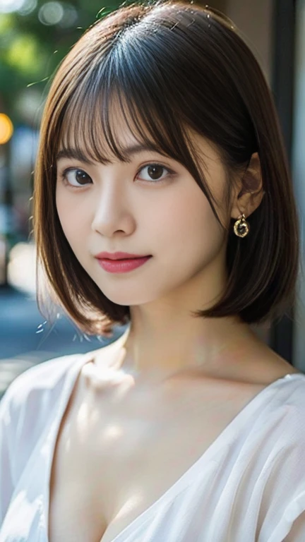 (8k, RAW Photos, highest quality, masterpiece:1.2), Super detailed, Super Resolution, (Realistic, Realistic Photo:1.37), Portraiture, High-definition RAW color photos, Professional photos, Very detailedで美Shii, Very detailed, 8k wallpaper, 素晴らShii、Detailed, Large file size, Official Art, highly detailed CG unity 8k wallpaper, 非常にDetailed美Shii女の子, 非常にDetailed顔, 非常にDetailed目, 非常にDetailed肌, 非常にDetailed指, 非常にDetailed鼻, 非常にDetailed口 , Perfect Anatomy, 非常にDetailed背景, Very fine clothing, One girl, (20:1.2), 20th Generation, cute girl, Realistic body, , Fair skin, Glowing Skin , The body is slim, Handsome body, Black Hair , short hair, (Blunt bangs:1.2), smile, cute, like々Shii, cute face, Realistic Face, Delicate eyes, Droopy eyes, lingerie, See through, Earrings, View Viewer, Cowboy Shot, Look forward, Standing posture, Opposition, Dynamic Lighting, Very large breasts, Cowboy Shot