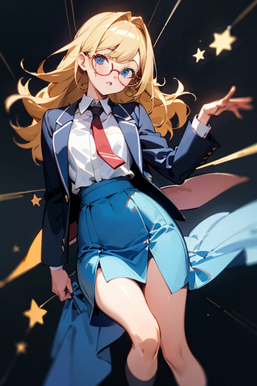 Marin kitagawa a female high schooler (my-dressed- up darling anime), blue skirt with deep blue check, long skirt, knee level short skirt, black transparent leg stockings, neck band, long white shirt sleeve folded up, with tie, blazer waist level. Bust size 99 cm, waist size 38 cm, hip 68 cm. Blonde hair, blue eyes star patterned, height 190 cm, spectacles, blushing, amazed