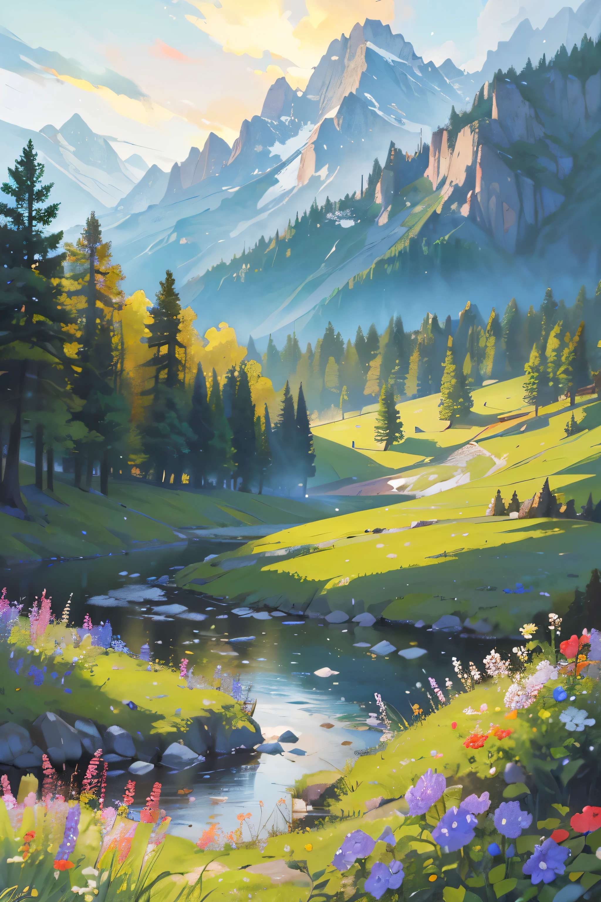 ((Best quality)), ((masterpiece)), (detailed), forest landscape,Mountains,beautiful flowers in the foreground,Early in the morning,sunlight