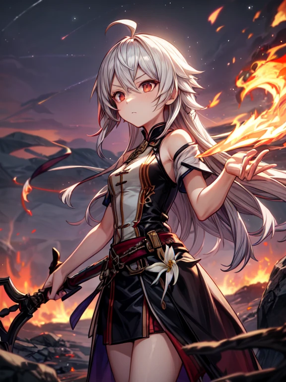 1 Girl, bang, breathing fire, burning, Burnt clothes, coals, ahoge, beige hair, multicolored hair, fire, flame, flaming sword, (hand on the handle), standing, long hair,  pyrokinesis, inexpressive, smoke, flower(symbol),  One, Sparks, sunset, twilight, white flower, molten rock, Lily (flower),  fiery flower, Depth of field, burning ,