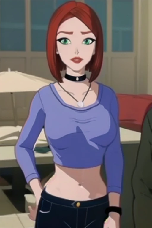 straight-on,pose,looking at viewer,solo, BREAK,
CARTOON_merry_jane_watson_SMTAS_ownwaifu, www.ownwaifu.com, 3d,
red hair, short hair, green eyes, breasts, makeup, lipstick, red lips, large breasts, narrow waist, curvy, bob cut, lips,
choker, jewelry, necklace, black choker, midriff, blue shirt, crop top, long sleeves, navel, black_pants, jeans, denim, wristband,
BREAK, official art, highres, scenery, (masterpiece:1.1), (best quality,:1.1), (high quality:1.1), (anime screencap:1.2),