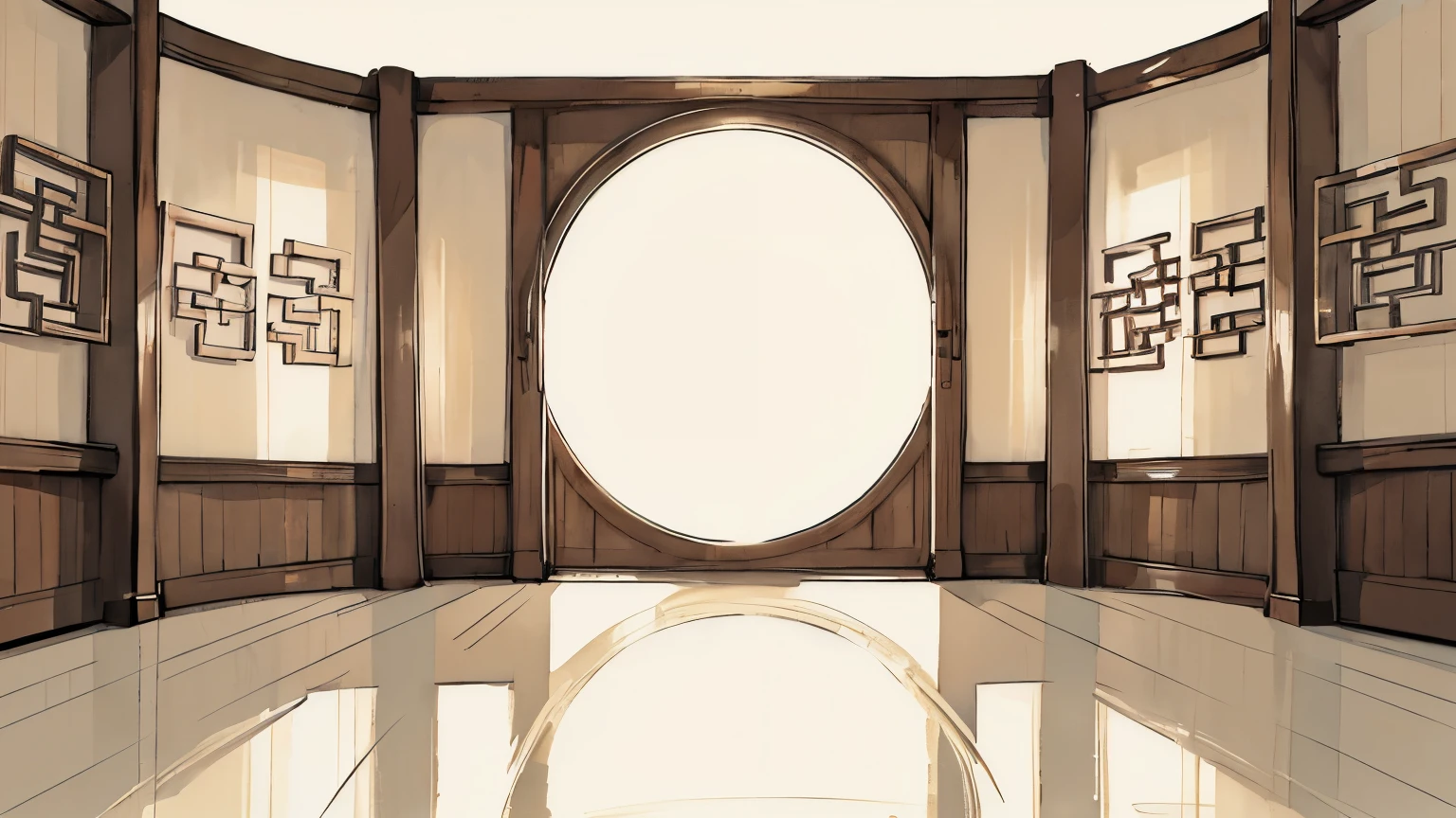 Interior design of 1940s Taiwanese early Republican-style Chinese architecture, with a circular arch in the center, featuring a light whitewashed wood color scheme, seen in the distance, without error.