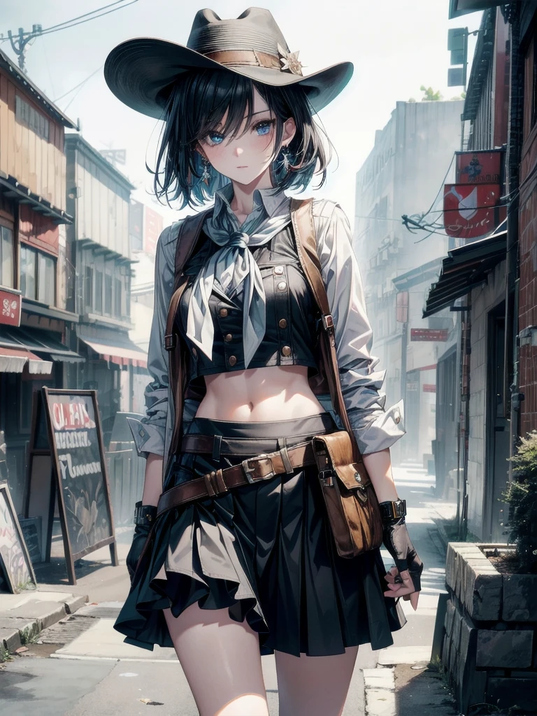 cowgirl costume, vest, cowboy hat, fingerless gloves, midriff, neckerchief, short skirt, holster, full body shot, absurdres, RAW photo, extremely delicate, extremely beautiful, masterpiece, Best Quality, ultra high resolution, 32k, hyperrealistic, ultra-detailed description, perfect anatomy, correct body, ideal ratio of body proportions, colorful image, pale skin, 20 years old, detailed beautiful face, detailed beautiful face eyes, tearful mole, earring, short medium hair, black hair, medium tits, 