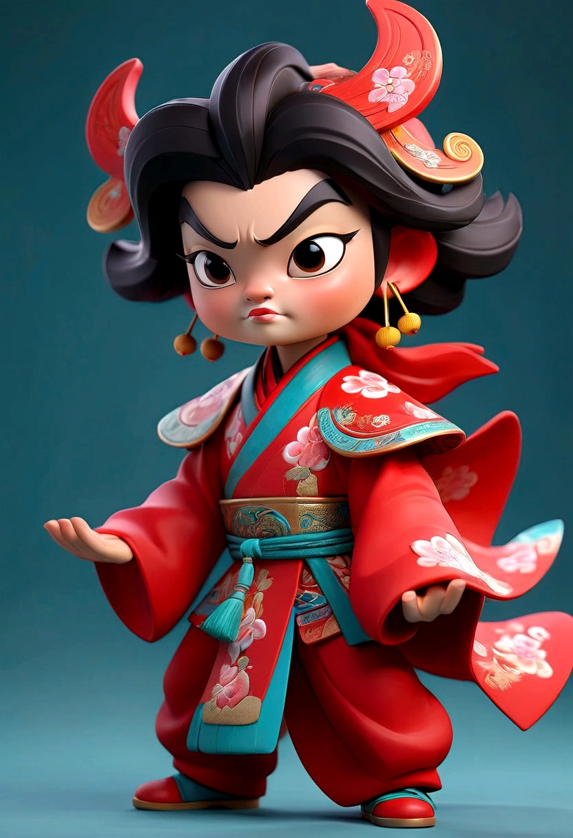 A cartoon character of a man with a mask and a fan, Close-up of a cartoon character wearing a red cape, Peking Opera, Inspired by Pu Hua, Inspired by Hu Zaobin, Inspired by Wu Bin, Ashura，From Chinese mythology,3D Intellectual Property Design, Pop Matt Style, Blind Box Toys, A super cute Chinese boy with Chinese Sichuan Opera characters, Chinese Traditional Festivals, Red, Black clothing，Happy, kung fu pose, Studio Lighting, Clean background, 3D, c4d, Blender, Redshift, Super detailed,