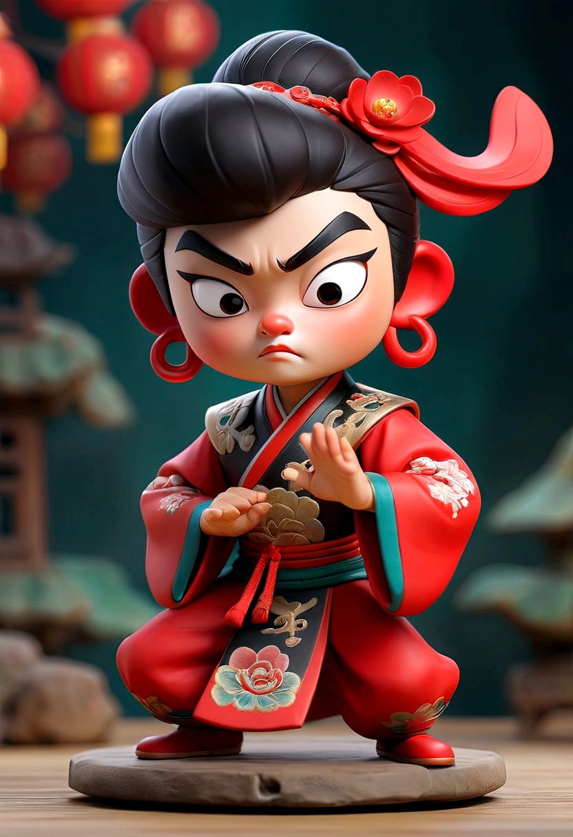 A cartoon character of a man with a mask and a fan, Close-up of a cartoon character wearing a red cape, Peking Opera, Inspired by Pu Hua, Inspired by Hu Zaobin, Inspired by Wu Bin, Ashura,From Chinese mythology,3D Intellectual Property Design, Pop Matt Style, Blind Box Toys, A super cute Chinese boy with Chinese Sichuan Opera characters, Chinese Traditional Festivals, Red, Black clothing,Happy, kung fu pose, Studio Lighting, Clean background, 3D, c4d, Blender, Redshift, Super detailed,