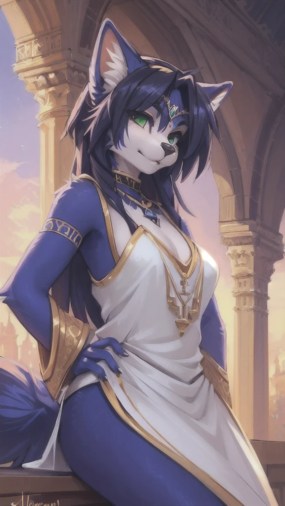 A beautiful and detailed (sweet portrait) von ((Krystal)), Sternenfuchs Krystal, Schlank, liebenswert, green eyes, medium breasts, (((Lange blaue Haare 1.3))), ((schwarze haarspitzen)), Dekollete, Grinsen, hoch schauen,, anthro, Pelzig, Hochgeladen E621, detailed flauschige fur, (von Fluff-Kevlar, Bayard Wu, Personalami, Pino Daeni), detailliertes Gesicht, (flauschige), 1 girl, Allein, Stammes-Kleidung, sweet girl,