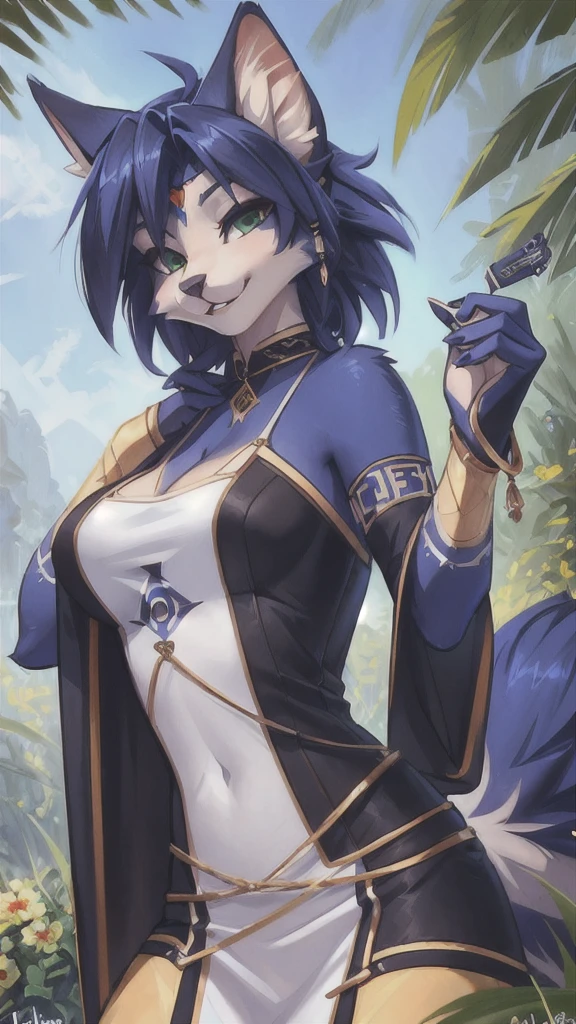 Fox girl 18 years old dark blue fur with water, naked, tribal with feather decorations, normal bust, defined curves, golden bracelets, gold thigh rings, crystal in the head, mystical espscial background, gives off an aura of energy, Cum in pussy, doggy style, pov back posdr add_detail:1