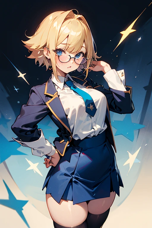 Marin kitagawa a female high schooler (my-dressed- up darling anime),deep blue check, short skirt, thy level short skirt, black transparent leg stockings, neck band, long white shirt sleeve folded up, with tie, blazer waist level. Bust size 99 cm, waist size 38 cm, hip 68 cm. Blonde hair, blue eyes star patterned, height 190 cm, spectacles, blushing, amazed