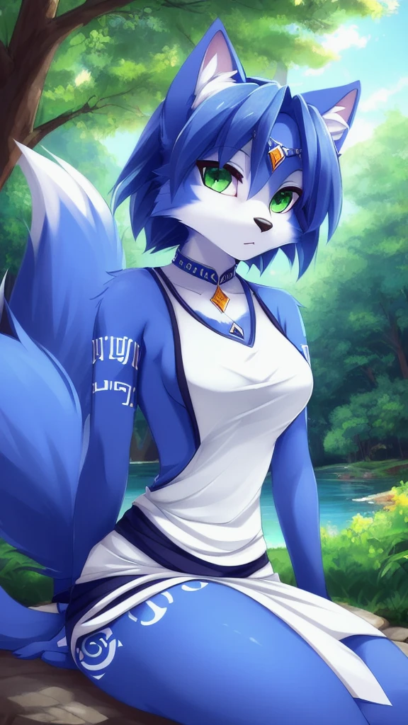 A beautiful and detailed (sweet portrait) von ((Krystal)), Sternenfuchs Krystal, Schlank, liebenswert, green eyes, medium breasts, By zinfyuu on pixiv,by twistedscarlet60, uploaded on pixiv, by fluff-kevlar, (masterpiece), (best quality), (anthro furry:1.3, snout:1.2, anthro:1.3, furry:1.2, solo female:1.2), (extremely detailed:1.3), (green_detailed_eye), absol, wearing white dress, sfw, forest, sitting, lake, nature beauty, view on viewer, krystal