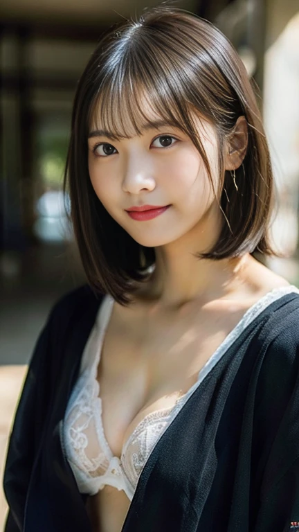 (8k, RAW Photos, highest quality, masterpiece:1.2), Super detailed, Super Resolution, (Realistic, Realistic Photo:1.37), Portraiture, High-definition RAW color photos, Professional photos, Very detailedで美Shii, Very detailed, 8k wallpaper, 素晴らShii、Detailed, Large file size, Official Art, highly detailed CG unity 8k wallpaper, 非常にDetailed美Shii女の子, 非常にDetailed顔, 非常にDetailed目, 非常にDetailed肌, 非常にDetailed指, 非常にDetailed鼻, 非常にDetailed口 , Perfect Anatomy, 非常にDetailed背景, Very fine clothing, One girl, (20:1.2), 20th Generation, cute girl, Realistic body, , Fair skin, Glowing Skin , The body is slim, Handsome body, Black Hair , short hair, (Blunt bangs:1.2), smile, cute, like々Shii, cute face, Realistic Face, Delicate eyes, Droopy eyes, lingerie, See through, View Viewer, Cowboy Shot, Look forward, Standing posture, Opposition, Dynamic Lighting, Very large breasts, Cowboy Shot