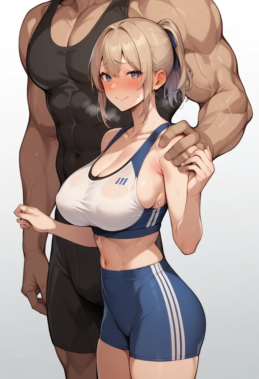  score_9, score_8_up, score_7_up, source_cartoon BREAK 1girl, 1boy, faceless male, hand on another's shoulder, standing, large breasts, blush, smile, embarrassed, size difference, muscular male, sports wear, sweat, heavy breathing