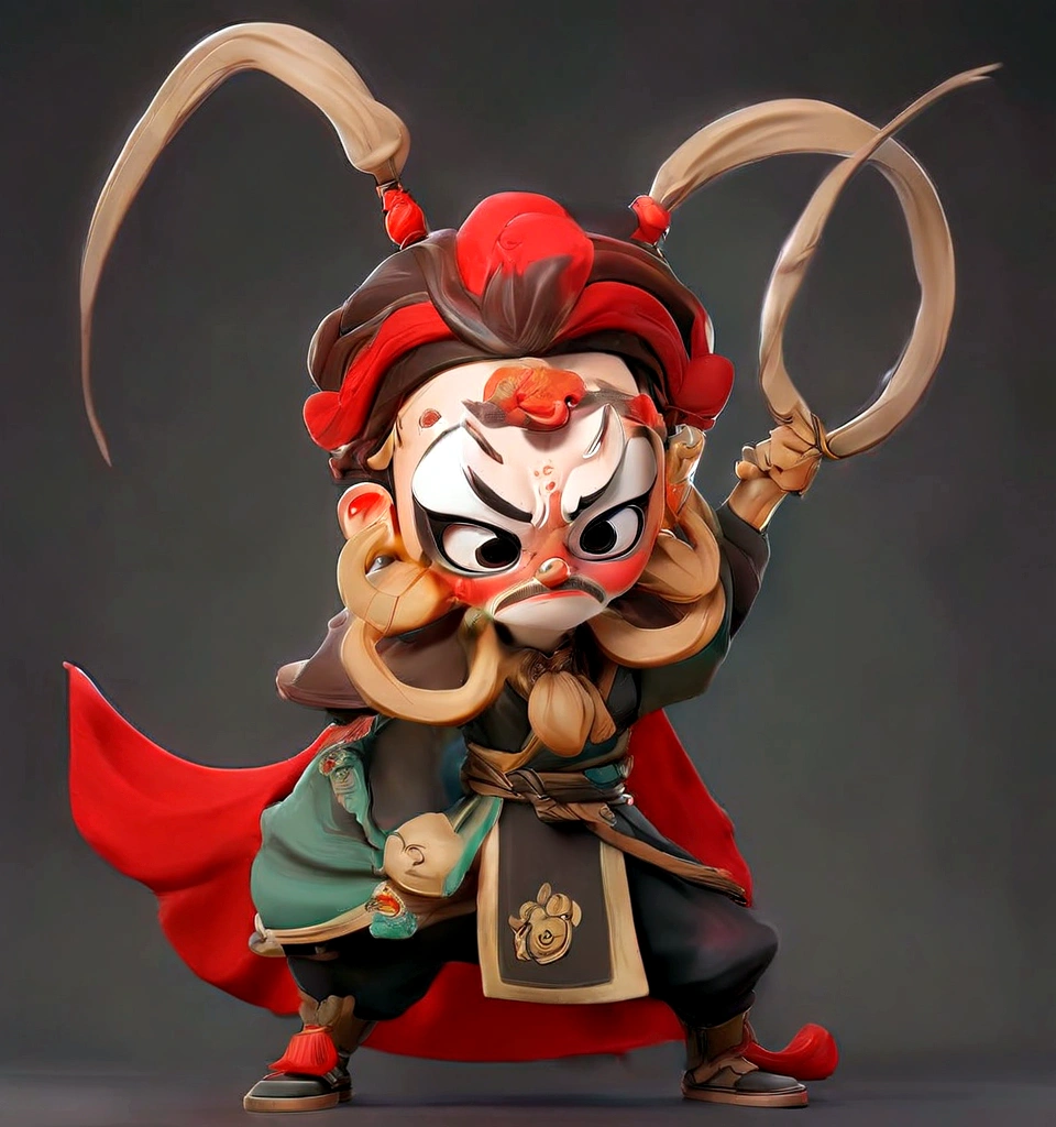 A cartoon character of a man with a mask and a fan, Close-up of a cartoon character wearing a red cape, Peking Opera, Inspired by Pu Hua, Inspired by Hu Zaobin, Inspired by Wu Bin, Ashura，From Chinese mythology,3D Intellectual Property Design, Pop Matt Style, Blind Box Toys, A super cute Chinese boy with Chinese Sichuan Opera characters, Chinese Traditional Festivals, Red, Black clothing，Happy, kung fu pose, Studio Lighting, Clean background, 3D, c4d, Blender, Redshift, Super detailed,8K,


