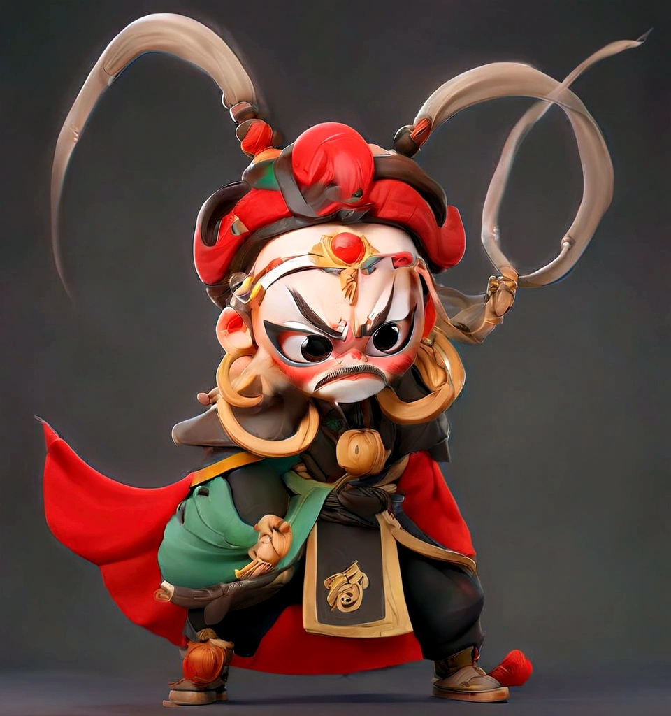 A cartoon character of a man with a mask and a fan, Close-up of a cartoon character wearing a red cape, Peking Opera, Inspired by Pu Hua, Inspired by Hu Zaobin, Inspired by Wu Bin, Ashura,From Chinese mythology,3D Intellectual Property Design, Pop Matt Style, Blind Box Toys, A super cute Chinese boy with Chinese Sichuan Opera characters, Chinese Traditional Festivals, Red, Black clothing,Happy, kung fu pose, Studio Lighting, Clean background, 3D, c4d, Blender, Redshift, Super detailed,8K,