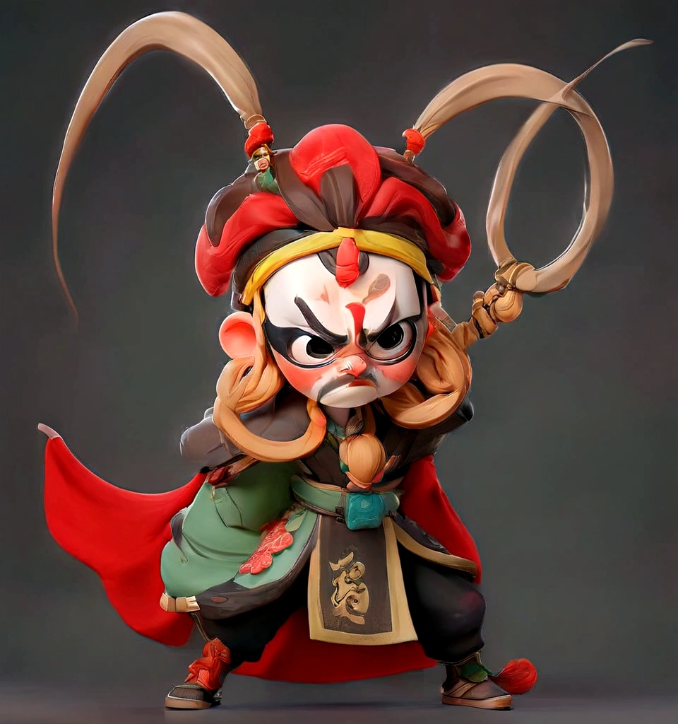 A cartoon character of a man with a mask and a fan, Close-up of a cartoon character wearing a red cape, Peking Opera, Inspired by Pu Hua, Inspired by Hu Zaobin, Inspired by Wu Bin, Ashura，From Chinese mythology,3D Intellectual Property Design, Pop Matt Style, Blind Box Toys, A super cute Chinese boy with Chinese Sichuan Opera characters, Chinese Traditional Festivals, Red, Black clothing，Happy, kung fu pose, Studio Lighting, Clean background, 3D, c4d, Blender, Redshift, Super detailed,8K,


