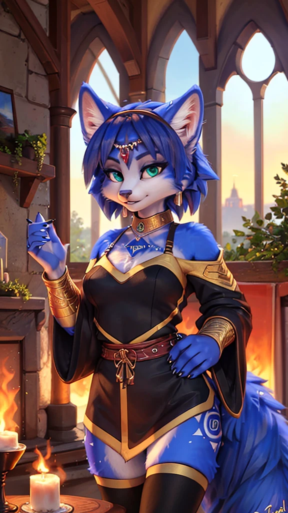 A beautiful and detailed (sweet portrait) von ((Krystal)), Sternenfuchs Krystal, Schlank, liebenswert, green eyes, medium breasts, (((Lange blaue Haare 1.3))), ((schwarze haarspitzen)), Dekollete, Grinsen, hoch schauen,, anthro, Pelzig, Hochgeladen E621, detailed flauschige fur, (von Fluff-Kevlar, Bayard Wu, Personalami, Pino Daeni), detailliertes Gesicht, (flauschige), 1 girl, Allein, Stammes-Kleidung, sweet girl,
