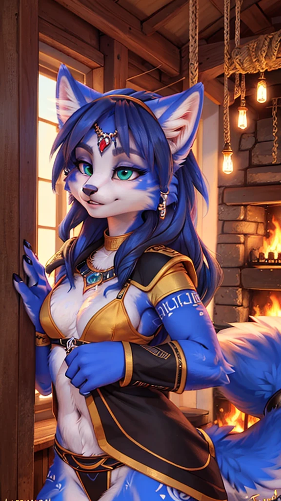 A beautiful and detailed (sweet portrait) von ((Krystal)), Sternenfuchs Krystal, Schlank, liebenswert, green eyes, medium , (((Lange blaue Haare 1.3))), ((schwarzpitzen)), Dekollete, Grinsen, hoch schauen,, anthro, Pelzig, Hochgeladen E621, detailed flauschige fur, (von Fluff-Kevlar, Bayard Wu, Personalami, Pino Daeni), detailliertes Gesicht, (flauschige), 1 girl, Allein, Stammes-Kleidung, sweet girl,