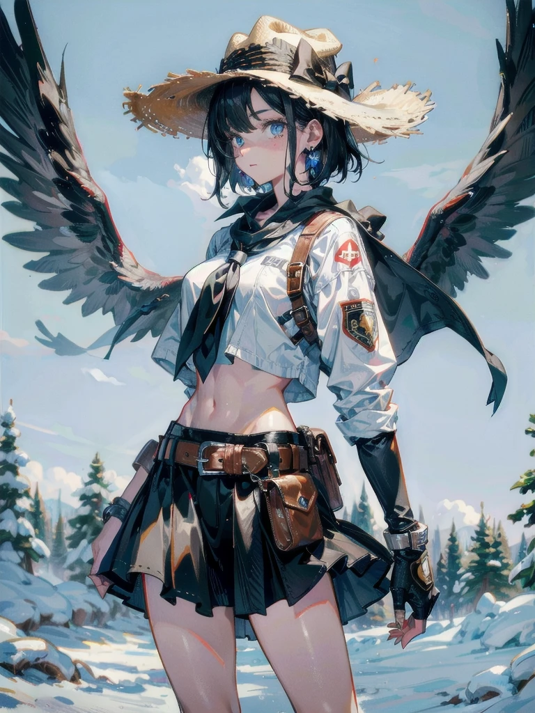 cowgirl costume, vest, cowboy hat, fingerless gloves, midriff, neckerchief, short skirt, holster, full body shot, absurdres, RAW photo, extremely delicate, extremely beautiful, masterpiece, Best Quality, ultra high resolution, 32k, hyperrealistic, ultra-detailed description, perfect anatomy, correct body, ideal ratio of body proportions, colorful image, pale skin, 20 years old, detailed beautiful face, detailed beautiful face eyes, tearful mole, earring, short medium hair, black hair, medium tits, 