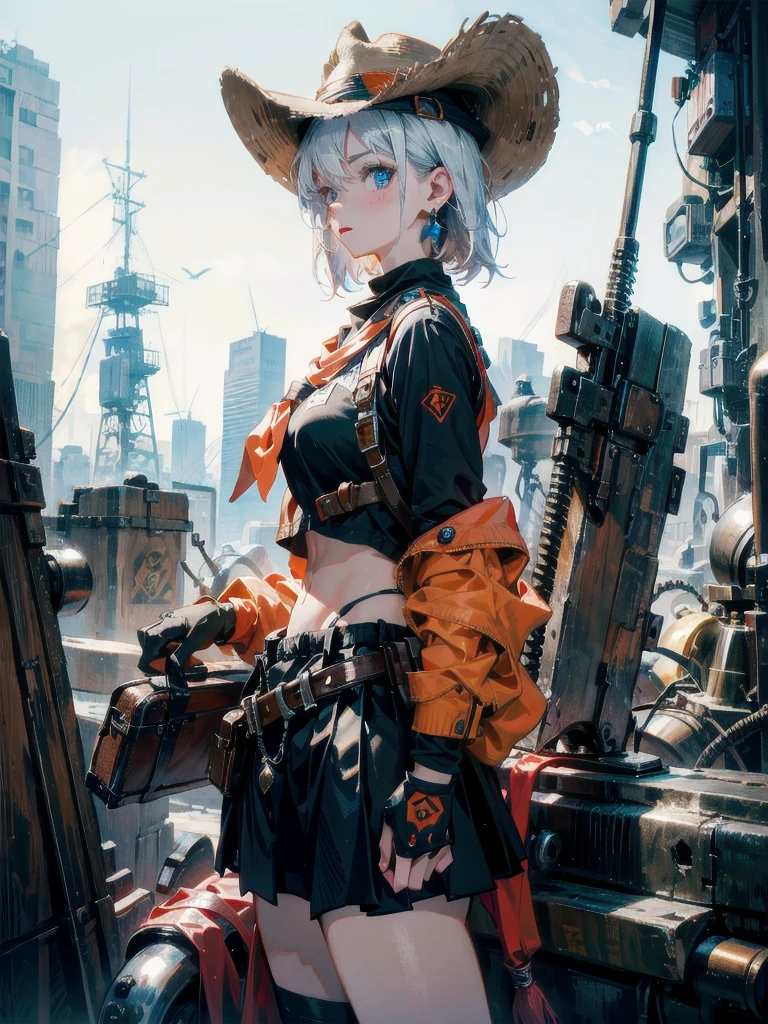 cowgirl costume, vest, cowboy hat, fingerless gloves, midriff, neckerchief, short skirt, holster, full body shot, absurdres, RAW photo, extremely delicate, extremely beautiful, masterpiece, Best Quality, ultra high resolution, 32k, hyperrealistic, ultra-detailed description, perfect ???????, correct body, ideal ratio of body proportions, colorful image, pale skin, 20 years old, detailed beautiful face, detailed beautiful face eyes, tearful mole, earring, short medium hair, black hair, medium tits, 