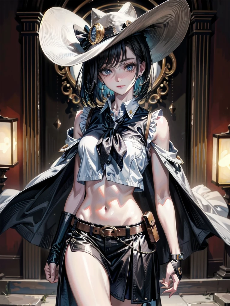 cowgirl costume, vest, cowboy hat, fingerless gloves, midriff, neckerchief, short skirt, holster, full body shot, absurdres, RAW photo, extremely delicate, extremely beautiful, masterpiece, Best Quality, ultra high resolution, 32k, hyperrealistic, ultra-detailed description, perfect anatomy, correct body, ideal ratio of body proportions, colorful image, pale skin, 20 years old, detailed beautiful face, detailed beautiful face eyes, tearful mole, earring, short medium hair, black hair, medium tits,