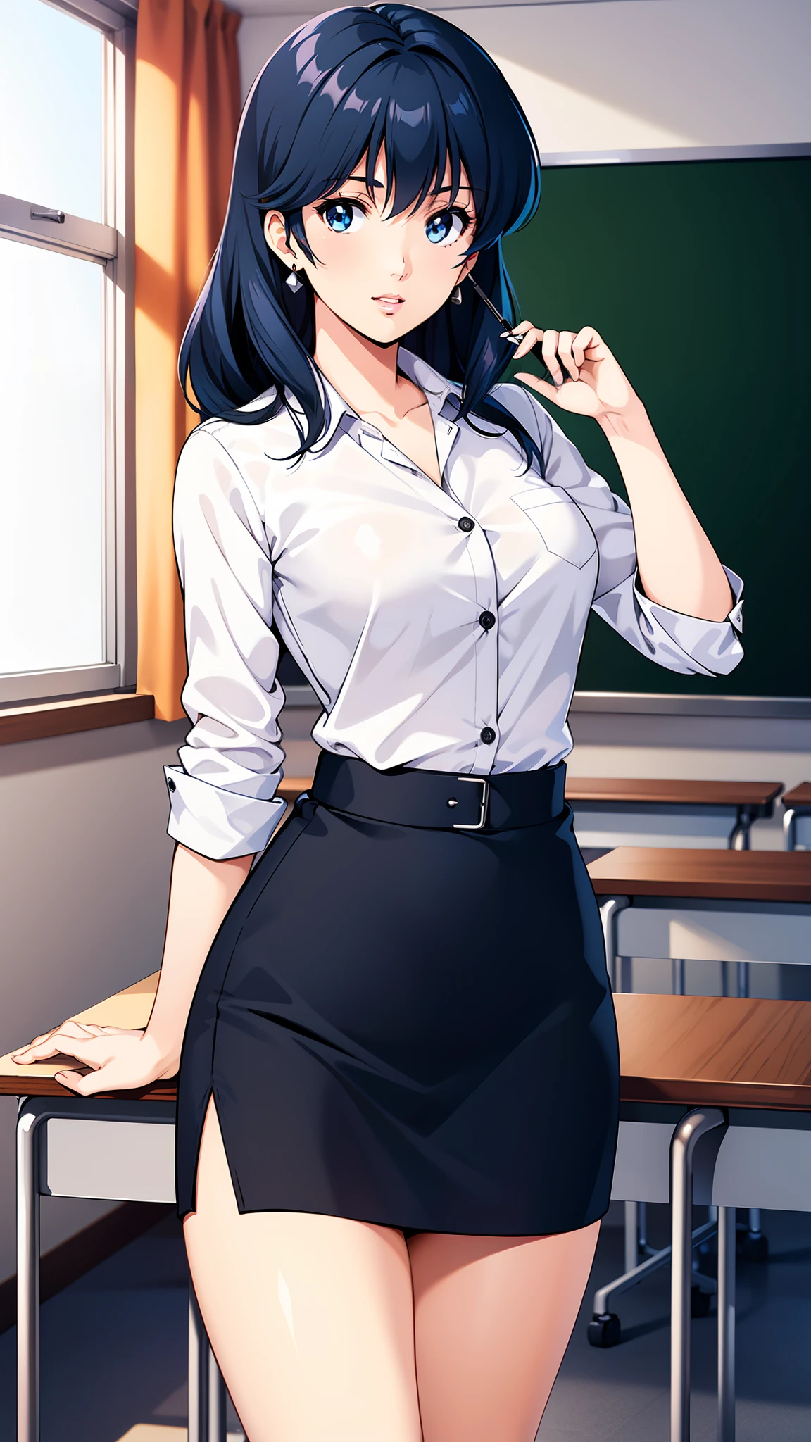 LynnMinmay, 1girl, solo, black hair, cowboy shot, ultra-detailed, best quality, masterpiece, illustration, game cg, button-up shirt, pencil skirt, id badge, classroom, blackboard