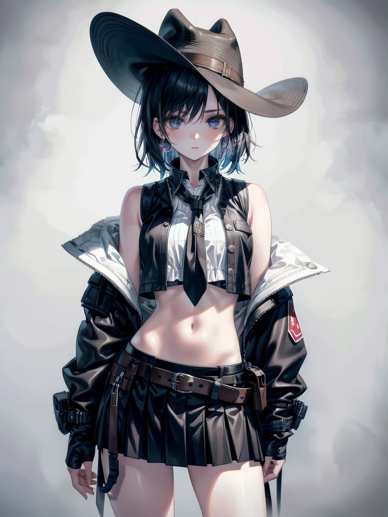 cowgirl costume, vest, cowboy hat, fingerless gloves, midriff, neckerchief, short skirt, holster, full body shot, absurdres, RAW photo, extremely delicate, extremely beautiful, masterpiece, Best Quality, ultra high resolution, 32k, hyperrealistic, ultra-detailed description, perfect anatomy, correct body, ideal ratio of body proportions, colorful image, pale skin, 20 years old, detailed beautiful face, detailed beautiful face eyes, tearful mole, earring, short medium hair, black hair, medium tits, 