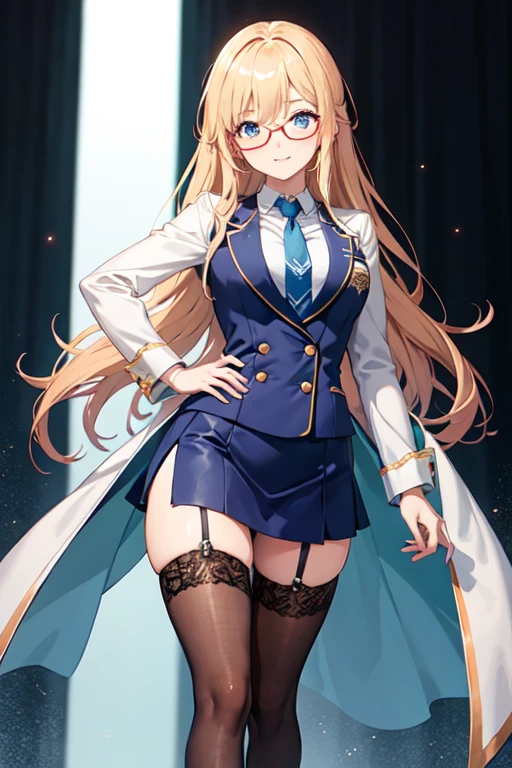 Marin kitagawa a female high schooler (my-dressed- up darling anime),deep blue check, short skirt, thy level short skirt, black transparent leg stockings, neck band, long white shirt sleeve folded up, with tie, blazer waist level. Bust size 99 cm, waist size 38 cm, hip 68 cm. Long blonde hair, blue eyes star patterned, height 190 cm, spectacles, blushing, amazed
