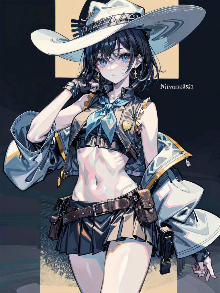 cowgirl costume, vest, cowboy hat, fingerless gloves, midriff, neckerchief, short skirt, holster, full body shot, absurdres, RAW photo, extremely delicate, extremely beautiful, masterpiece, Best Quality, ultra high resolution, 32k, hyperrealistic, ultra-detailed description, perfect anatomy, correct body, ideal ratio of body proportions, colorful image, pale skin, 20 years old, detailed beautiful face, detailed beautiful face eyes, tearful mole, earring, short medium hair, black hair, medium tits,