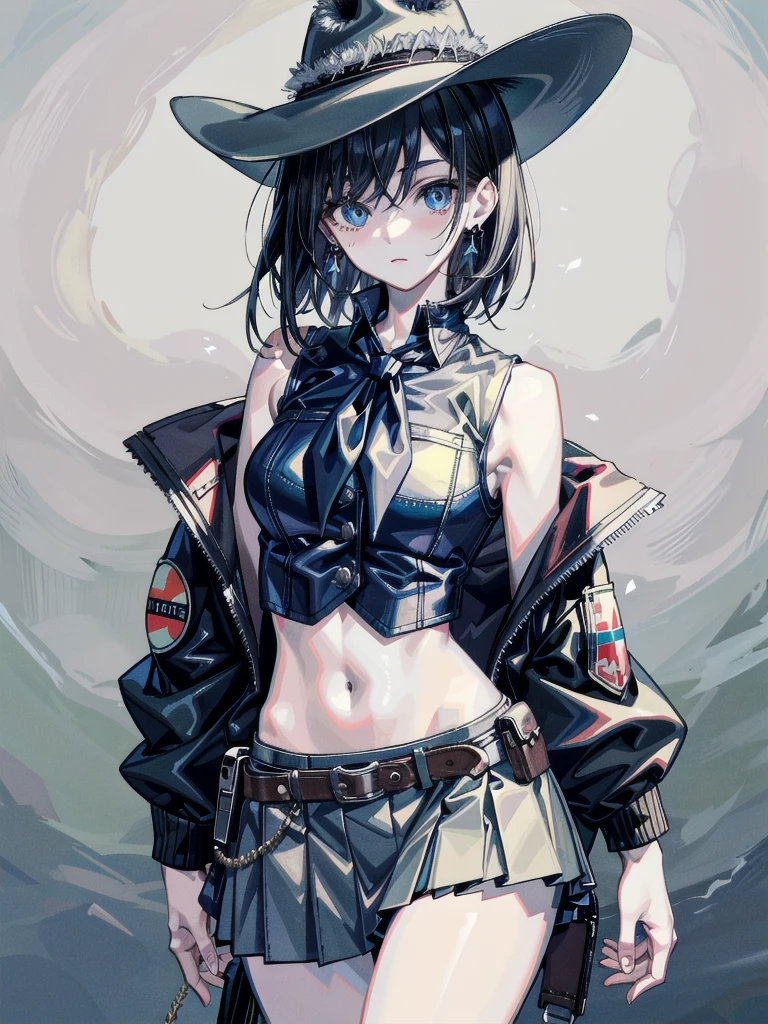 cowgirl costume, vest, cowboy hat, fingerless gloves, midriff, neckerchief, short skirt, holster, full body shot, absurdres, RAW photo, extremely delicate, extremely beautiful, masterpiece, Best Quality, ultra high resolution, 32k, hyperrealistic, ultra-detailed description, perfect anatomy, correct body, ideal ratio of body proportions, colorful image, pale skin, 20 years old, detailed beautiful face, detailed beautiful face eyes, tearful mole, earring, short medium hair, black hair, medium tits,