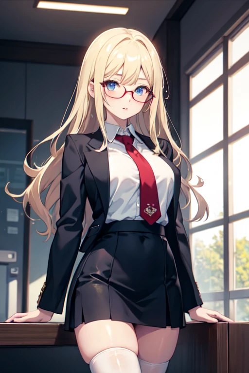 Marin kitagawa a female high schooler (my-dressed- up darling anime),deep blue check, short skirt, knee- level short skirt, black transparent leg stockings, neck band, long white shirt sleeve folded up, with tie, blazer waist level. Bust size 99 cm, waist size 38 cm, hip 68 cm. Long blonde hair, blue eyes star patterned, height 190 cm, spectacles, blushing, amazed