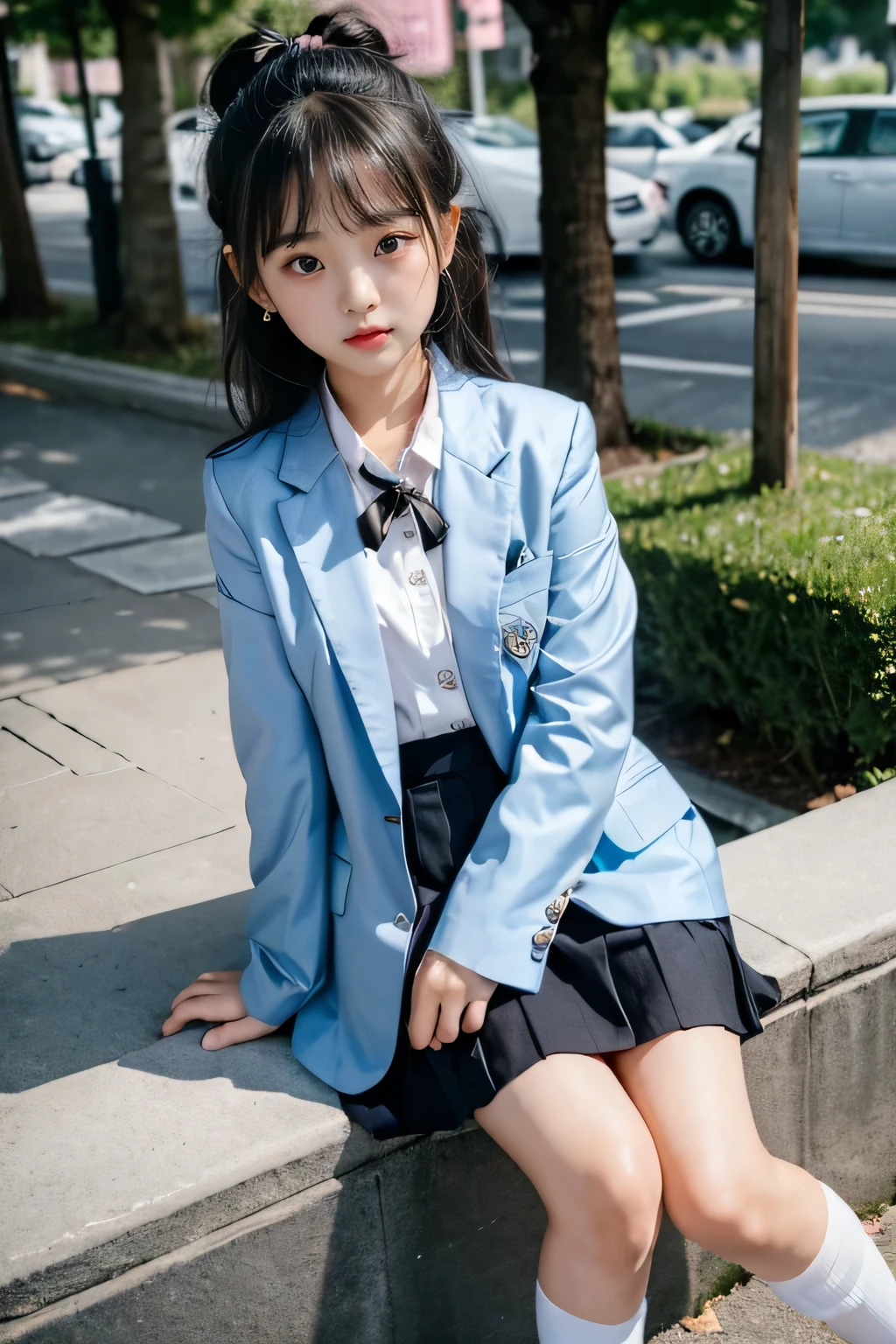 (9 year old cute korean girl:1.7), (short, small body:1.3), (small shy smile:1.3), (looking left, cute standing pose), (long black and silver hair), bun hairstyle, bangs, embroidery, black eyeliner, pink lipstick, pink blush, black eyeshadow, earrings, (cute hair tie:1.3), business girl outfit, (blue necktie), (tight blue blazer jacket), (short sleeve white dress shirt), (blue mini skirt), (thighs), beautiful ethereal park path, city streets, soft natural lighting