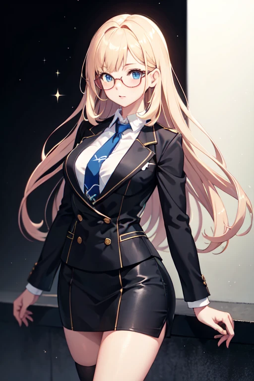 Marin kitagawa a female high schooler (my-dressed- up darling anime),deep blue check, short skirt, knee- level short skirt, black transparent leg stockings, neck band, long white shirt sleeve folded up, with tie, blazer waist level. Bust size 99 cm, waist size 38 cm, hip 68 cm. Long blonde hair, blue eyes star patterned, height 190 cm, spectacles, blushing, amazed
