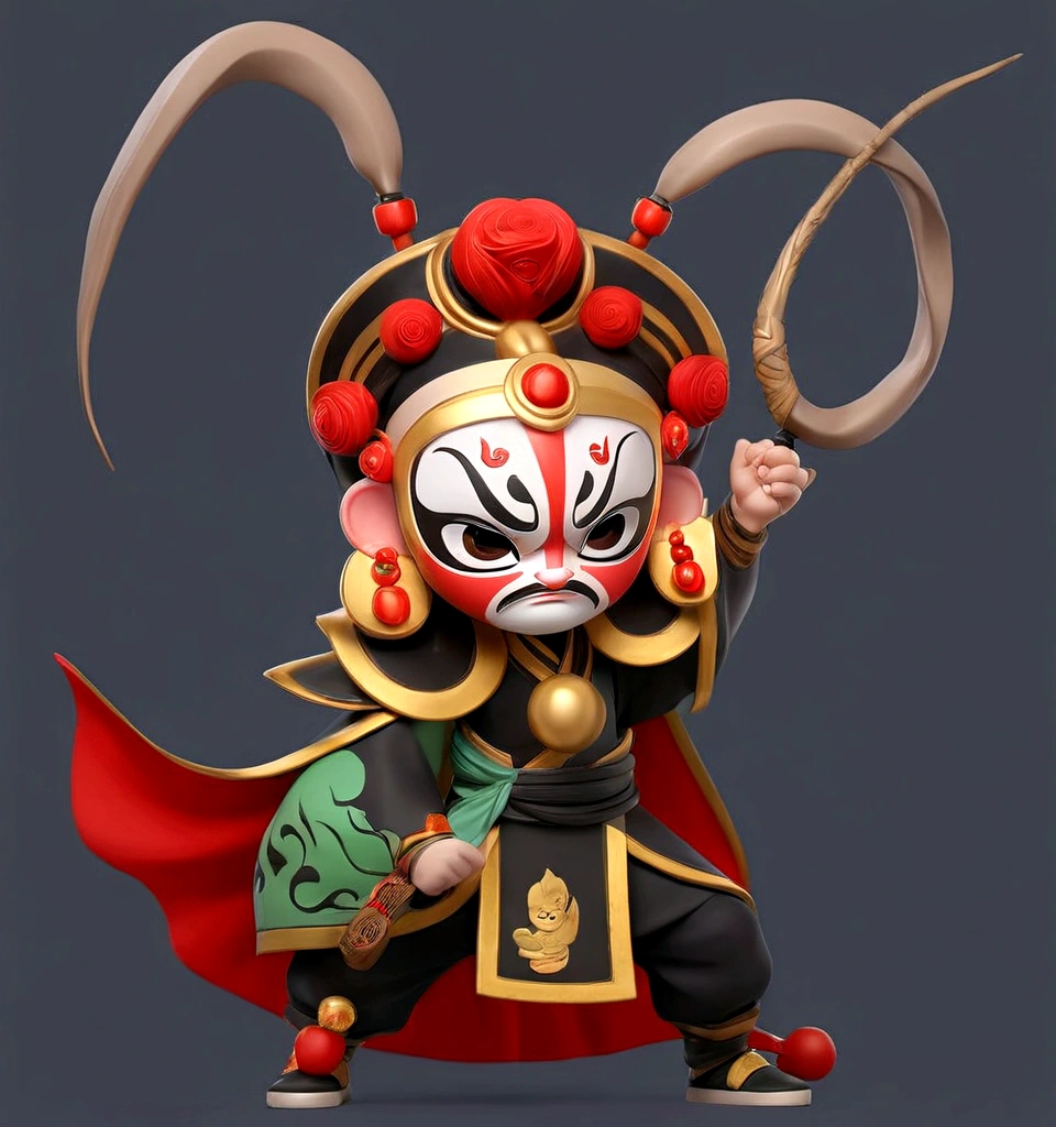 A cartoon character of a man with a mask and a fan, Close-up of a cartoon character wearing a red cape, Peking Opera, Inspired by Pu Hua, Inspired by Hu Zaobin, Inspired by Wu Bin, Ashura,From Chinese mythology,3D Intellectual Property Design, Pop Matt Style, Blind Box Toys, A super cute Chinese boy with Chinese Sichuan Opera characters, Chinese Traditional Festivals, Red, Black clothing,Happy, kung fu pose, Studio Lighting, Clean background, 3D, c4d, Blender, Redshift, Super detailed,