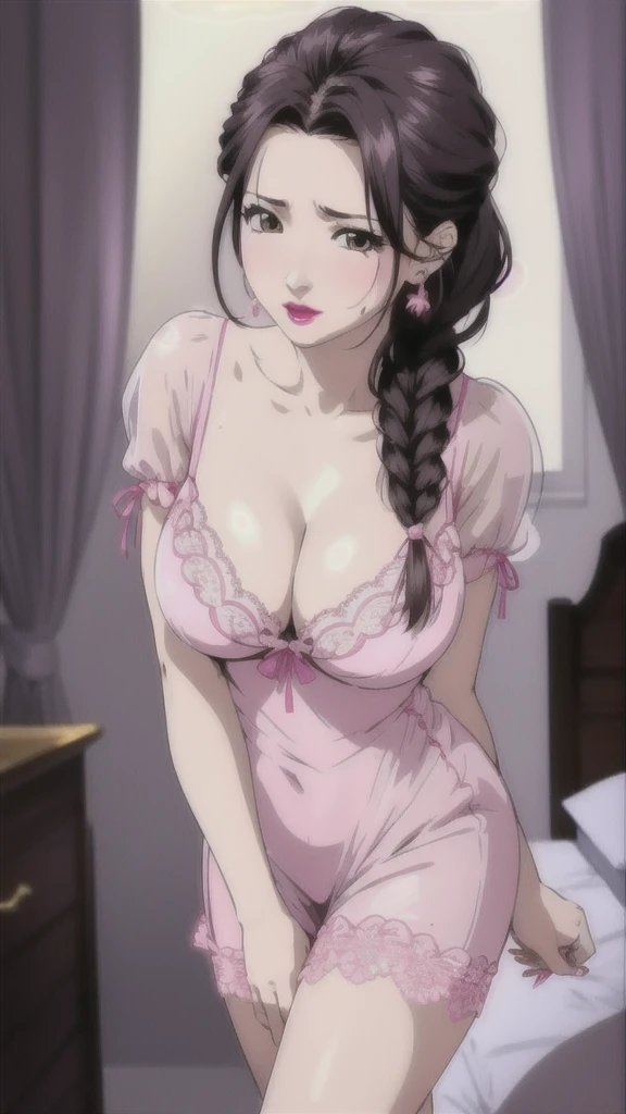 Glamorous，Sexy，Married Woman，side braid，Black Hair，Face red，Shy，lipstick，Wearing earrings on one side，Big breasts，cleavage，Bedroom，Darkness all around，Pink lace，Sweat，Pink lace