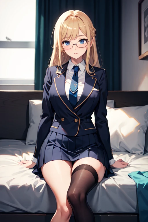 ((masterpiece, best quality)),a girl, solo, glasses, serafuku, thighhighs, skirt, ribbon, upperbody, class room, indoors, shirt, neckerchief, school uniform, long hair, black thighhighs, looking at viewer, blue eyes, black serafuku, black skirt, red ribbon, long sleeves, pleated skirt, blonde hair, wood floor