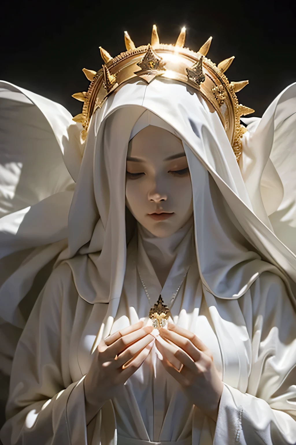 Wearing a robe、Sculpture of the nun of light in white robes, High detail, Dramatic lighting, high quality, The hood is covering his eyes!
