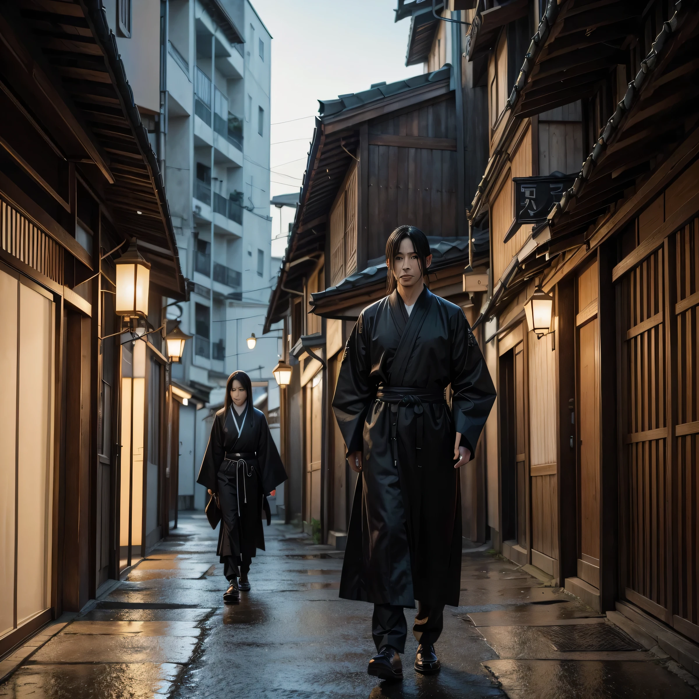 anime - cena estilo de uma rua com um homem de capa, fantasma de tsushima, arte conceitual japonesa tradicional, cidade chinesa sonhadora, antiga cidade chinesa, machado e mundo sangrento, templo chinês cyberpunk, Concept art in 4K resolution, cidade chinesa, Arte conceitual 4k, Arte conceitual 4k, arte conceitual de feng zhu, arte conceitual atmosfera deslumbrante