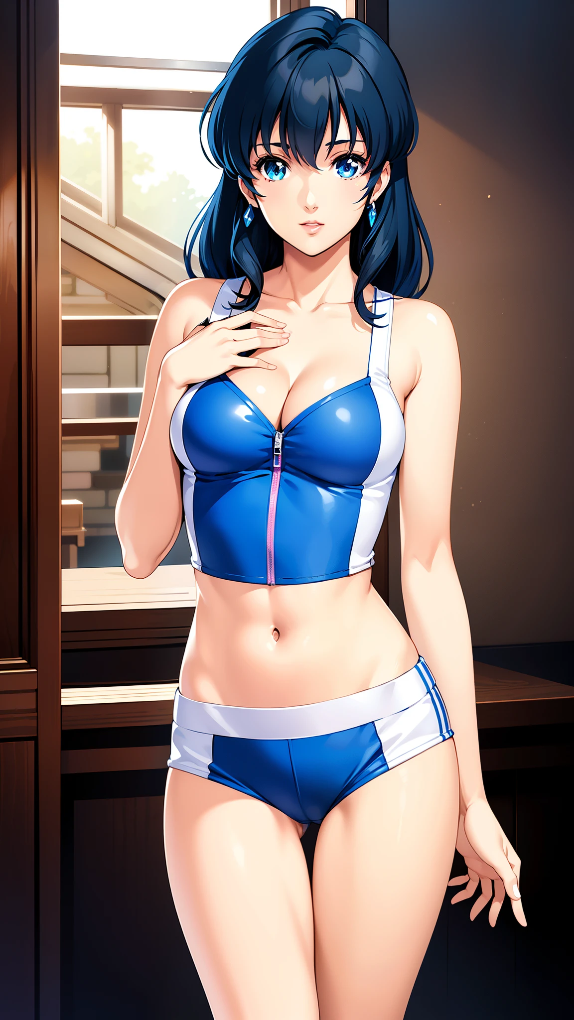 LynnMinmay, 1girl, solo, black hair, cowboy shot, ultra-detailed, best quality, masterpiece, illustration, game cg, cleavage, midriff