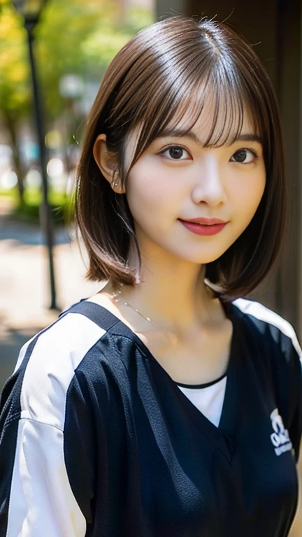 (8k, RAW Photos, highest quality, masterpiece:1.2), Super detailed, Super Resolution, (Realistic, Realistic Photo:1.37), Portraiture, High-definition RAW color photos, Professional photos, Very detailedで美Shii, Very detailed, 8k wallpaper, 素晴らShii、Detailed, Large file size, Official Art, highly detailed CG unity 8k wallpaper, 非常にDetailed美Shii女の子, 非常にDetailed顔, 非常にDetailed目, 非常にDetailed肌, 非常にDetailed指, 非常にDetailed鼻, 非常にDetailed口 , Perfect Anatomy, 非常にDetailed背景, Very fine clothing, One girl, (20:1.2), 20th Generation, cute girl, Realistic body, , Fair skin, Glowing Skin , The body is slim, Handsome body, Black Hair , short hair, (Blunt bangs:1.2), smile, cute, like々Shii, cute face, Realistic Face, Delicate eyes, Droopy eyes, Training wear, View Viewer, Cowboy Shot, Look forward, Standing posture, Opposition, Dynamic Lighting, Very large breasts
