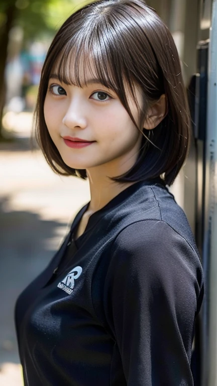 (8k, RAW Photos, highest quality, masterpiece:1.2), Super detailed, Super Resolution, (Realistic, Realistic Photo:1.37), Portraiture, High-definition RAW color photos, Professional photos, Very detailedで美Shii, Very detailed, 8k wallpaper, 素晴らShii、Detailed, Large file size, Official Art, highly detailed CG unity 8k wallpaper, 非常にDetailed美Shii女の子, 非常にDetailed顔, 非常にDetailed目, 非常にDetailed肌, 非常にDetailed指, 非常にDetailed鼻, 非常にDetailed口 , Perfect Anatomy, 非常にDetailed背景, Very fine clothing, One girl, (20:1.2), 20th Generation, cute girl, Realistic body, , Fair skin, Glowing Skin , The body is slim, Handsome body, Black Hair , short hair, (Blunt bangs:1.2), smile, cute, like々Shii, cute face, Realistic Face, Delicate eyes, Droopy eyes, Training wear, View Viewer, Cowboy Shot, Look forward, Standing posture, Opposition, Dynamic Lighting, Very large breasts