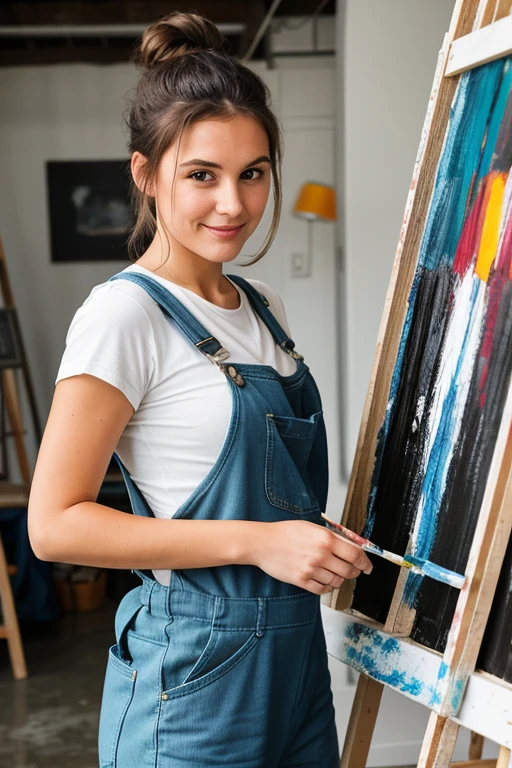 Beautiful artist woman 24 years old, model, wearing overalls painting in a downtown loft studio. She is painting a portrait on a con as easel holding a paint brush. She is magical looking with soft smile and medium brown hair in a bun. She is focused on painting. Wearing  overalls with ample cleavage and side  from her large natural breasts barely covered by her overalls. 