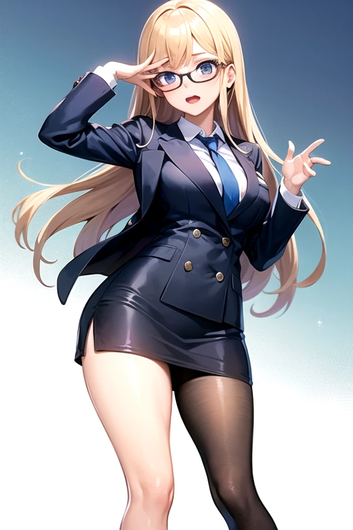 Marin kitagawa a female high schooler (my-dressed- up darling anime),deep blue check, short skirt, knee- level short skirt, black transparent leg stockings, neck band, long white shirt sleeve folded up, with tie, blazer waist level. Bust size 99 cm, waist size 38 cm, hip 68 cm. Long blonde hair, blue eyes star patterned, height 190 cm, spectacles, blushing, amazed 4k hd quality