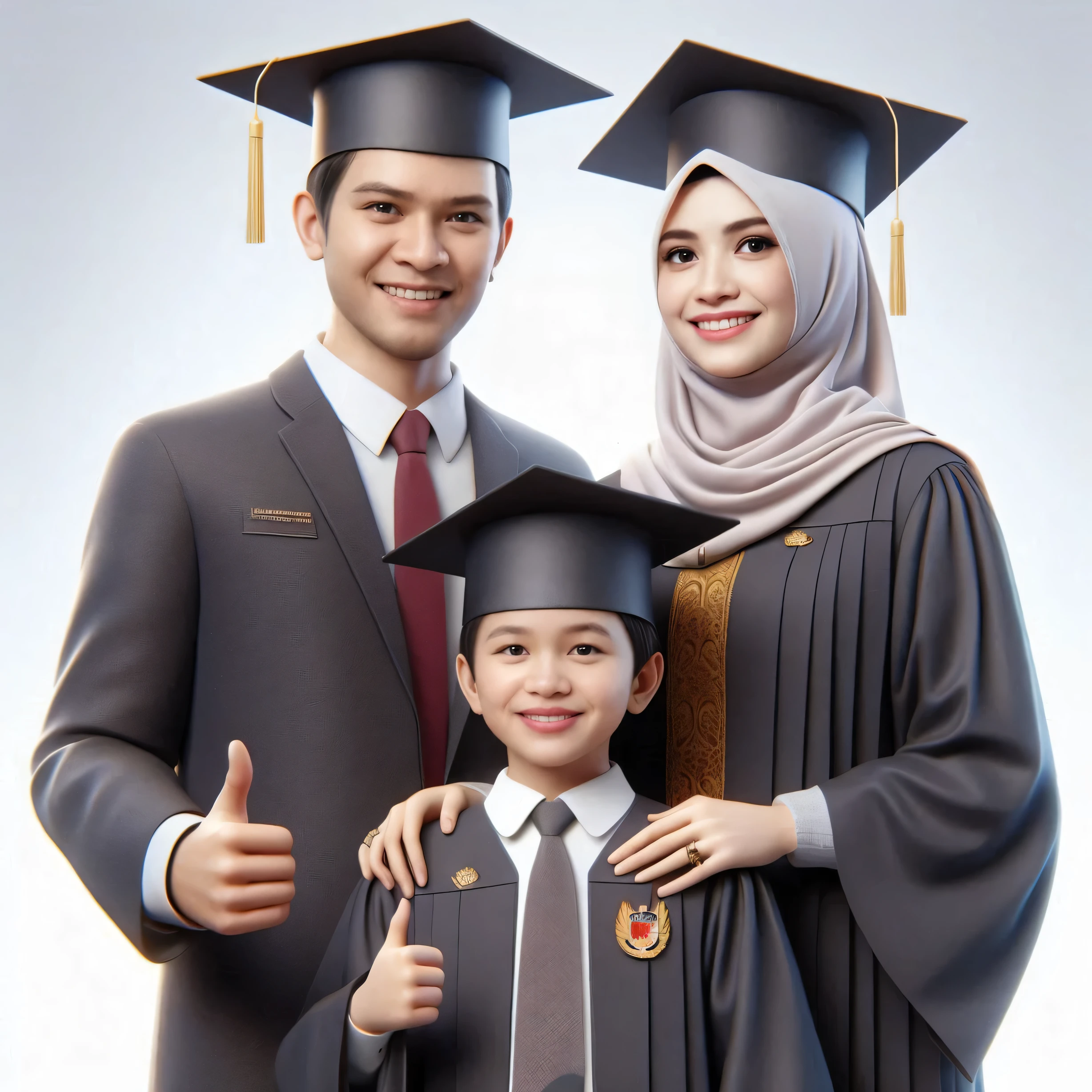 Family photo of a girl graduating wearing a kebaya and hijab and carrying a diploma in her hand, there is father, mother who wears hijab and toga, Sister who wears hijab, The older brother wearing a suit, and has a younger sister who is , and there is a little brother