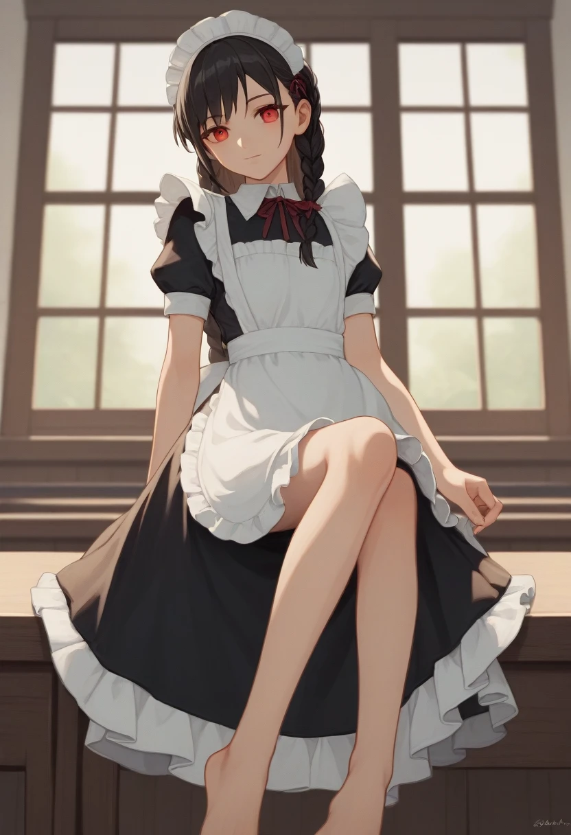 (score_9,score_8_superior,score_7_superior,),One girl, suzune horikita /(Classroom of the Elite)/, Red eyes, Black Hair, open long hair, bangs, Braided skinny body,alone,Maid,Maid headdress,View Viewer,apron,Brown Hair,indoor,Black Hair,barefoot,Focus on the feet,2 feet,