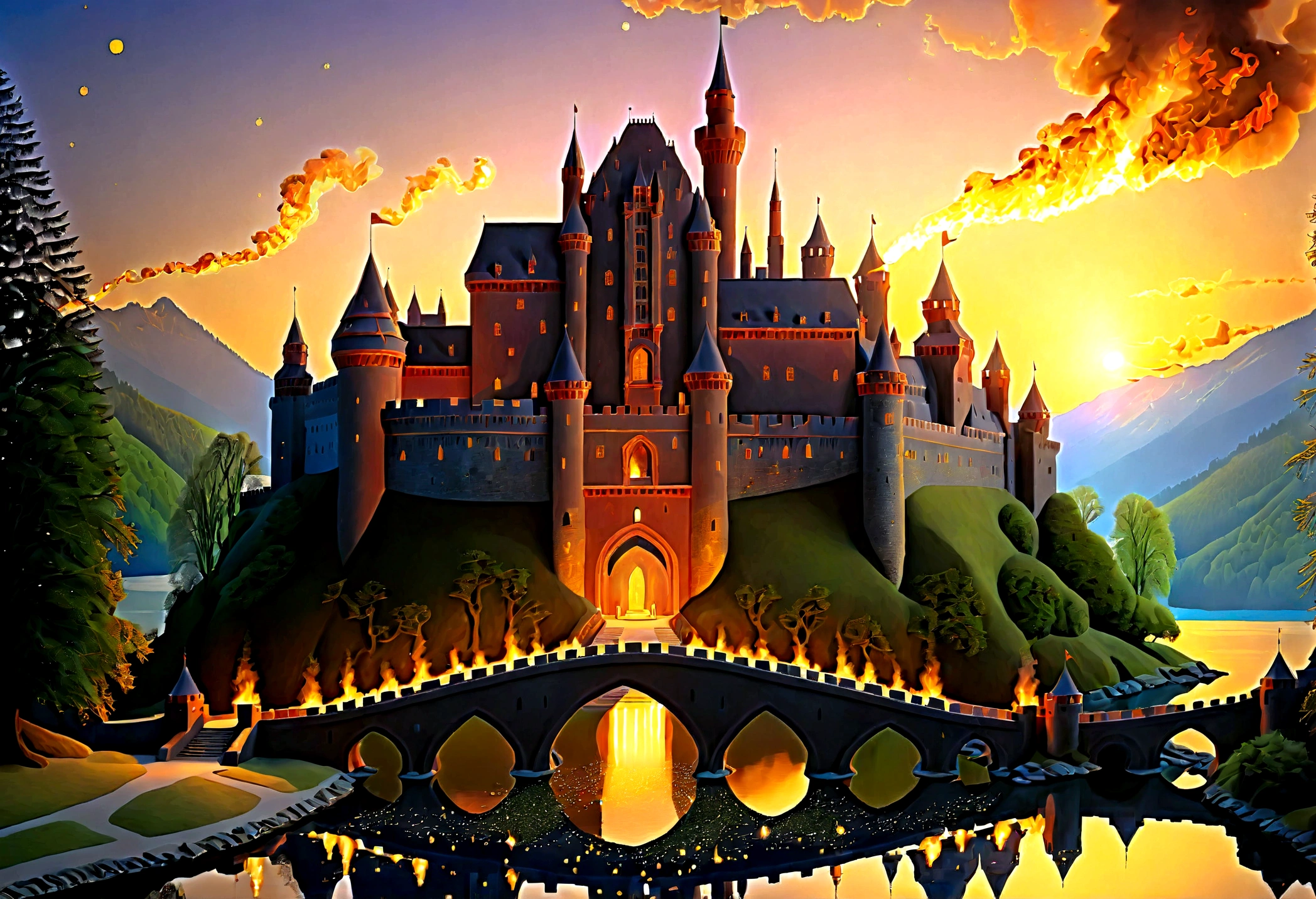 Arafed, an award winning picture, National Geographic style, magnificent artistic picture of a (castle: 1.4) on a mountain range near a lake at dusk, fantasy art D&D art, castle, with towers, turrets, barbican, it is dusk time, the sun is going down, and there are stars in the skies, the last rays of sun, there is a ((bridge lit by torches: 1.4)) crossing to the other side, fantasy forest background, ultra best realistic, best details, 16k, [ultra detailed], masterpiece, best quality, (extremely detailed), photorealism, depth of field, hyper realistic painting, Cinematic Hollywood Film style, digital art, aetherpunkai
